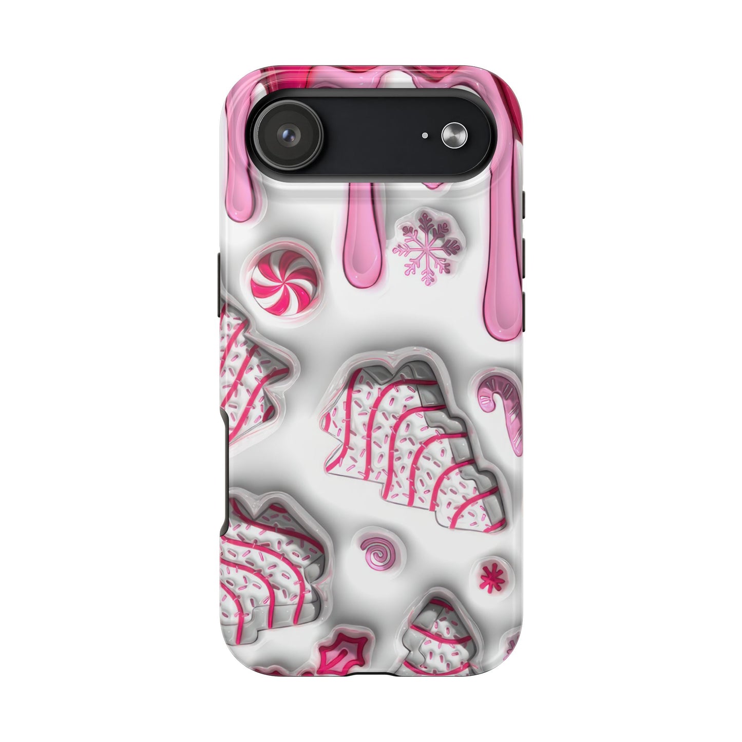 Phone case with pink and white candy-themed design on a white background