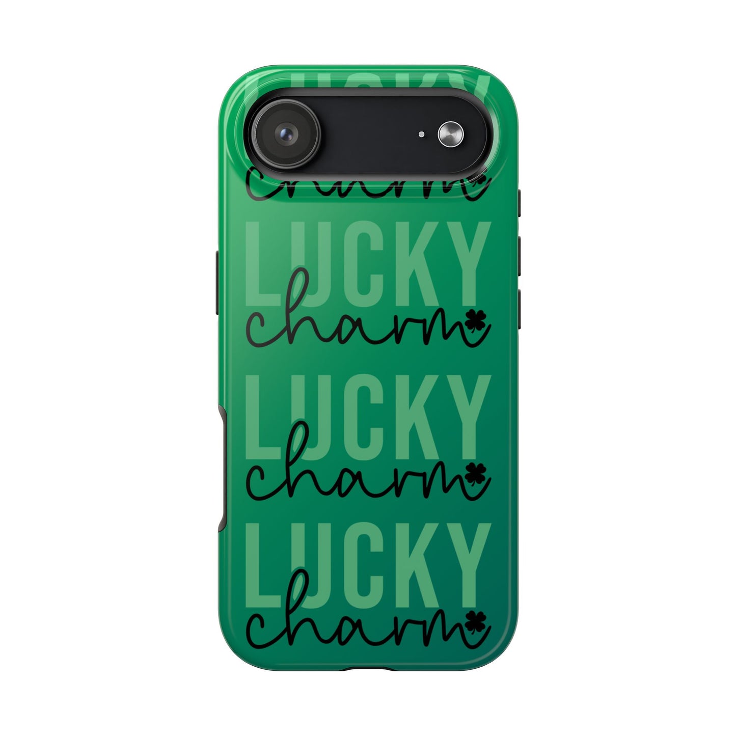 Green phone case with 'Lucky Charm' text on a green background