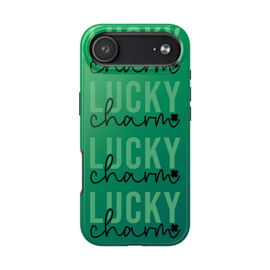 Green phone case with 'Lucky Charm' text on a green background