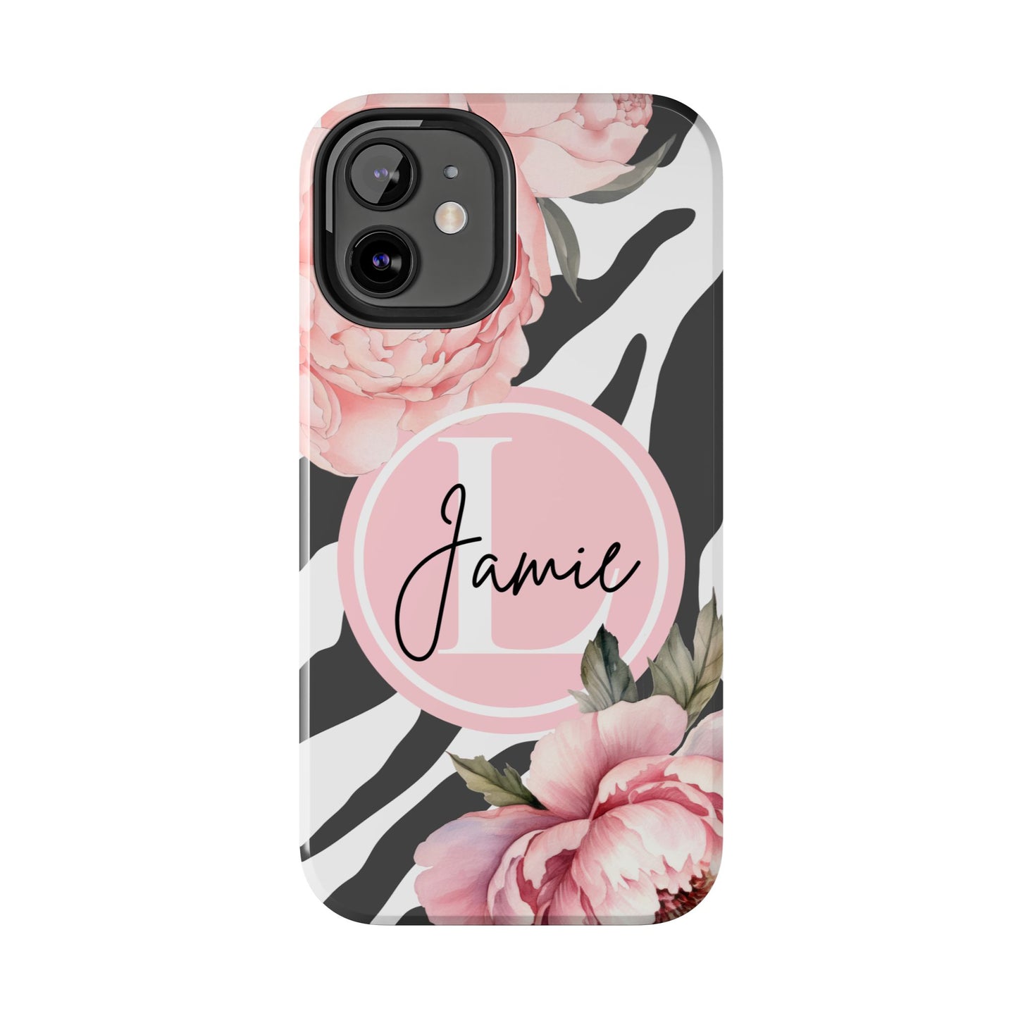 Custom pink floral, zebra print personalized iPhone case. Compatible with iPhone models 11, 12, 13, 14, 15 including all mini, plus, pro & pro max