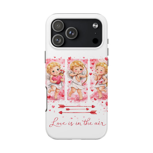 Phone case with Cupid illustrations and 'Love is in the air' text on a white background