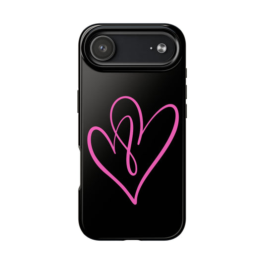 Black phone case with a pink heart design on a white background