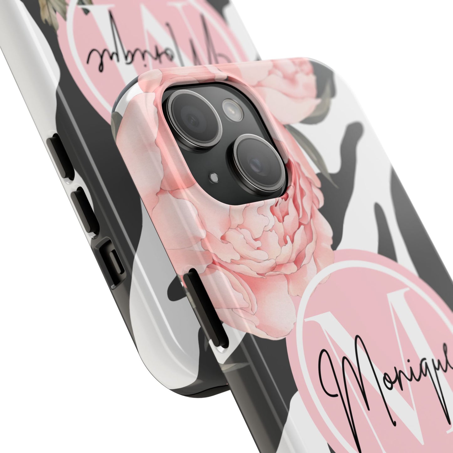 Custom pink floral, zebra print personalized iPhone case. Compatible with iPhone models 11, 12, 13, 14, 15 including all mini, plus, pro & pro max