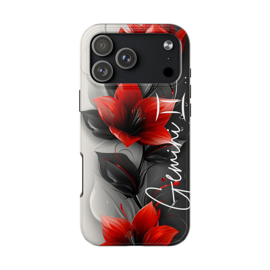 Phone case with red floral design and 'Jewel' branding on a white background