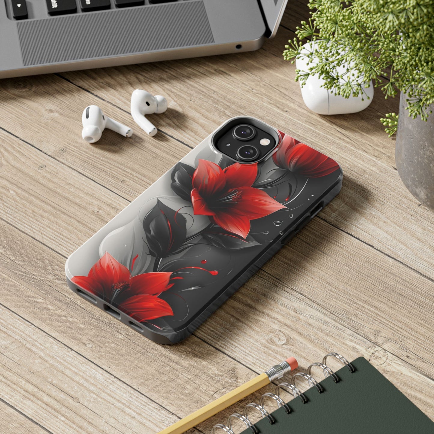 Red & black floral iPhone Cover, flower Accessory, Cute Phone Protector, seasonal Tech