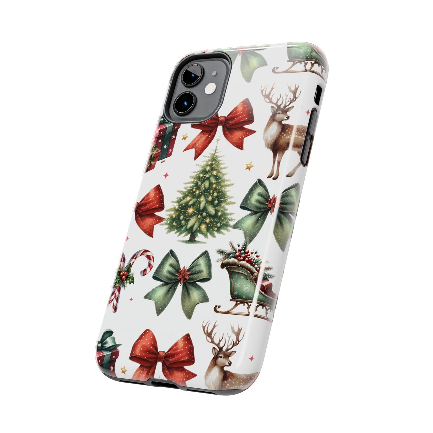 Phone case with Christmas-themed design featuring trees, deer, and bows on a white background