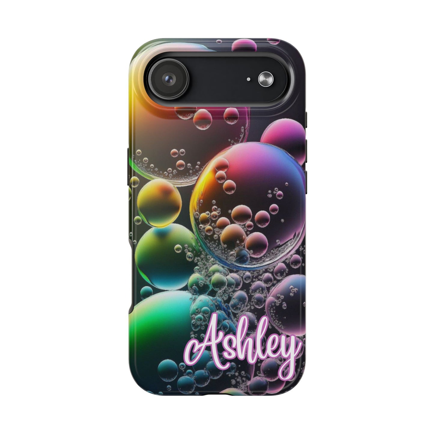 Phone case with colorful bubble design and 'Ashley' text on a white background