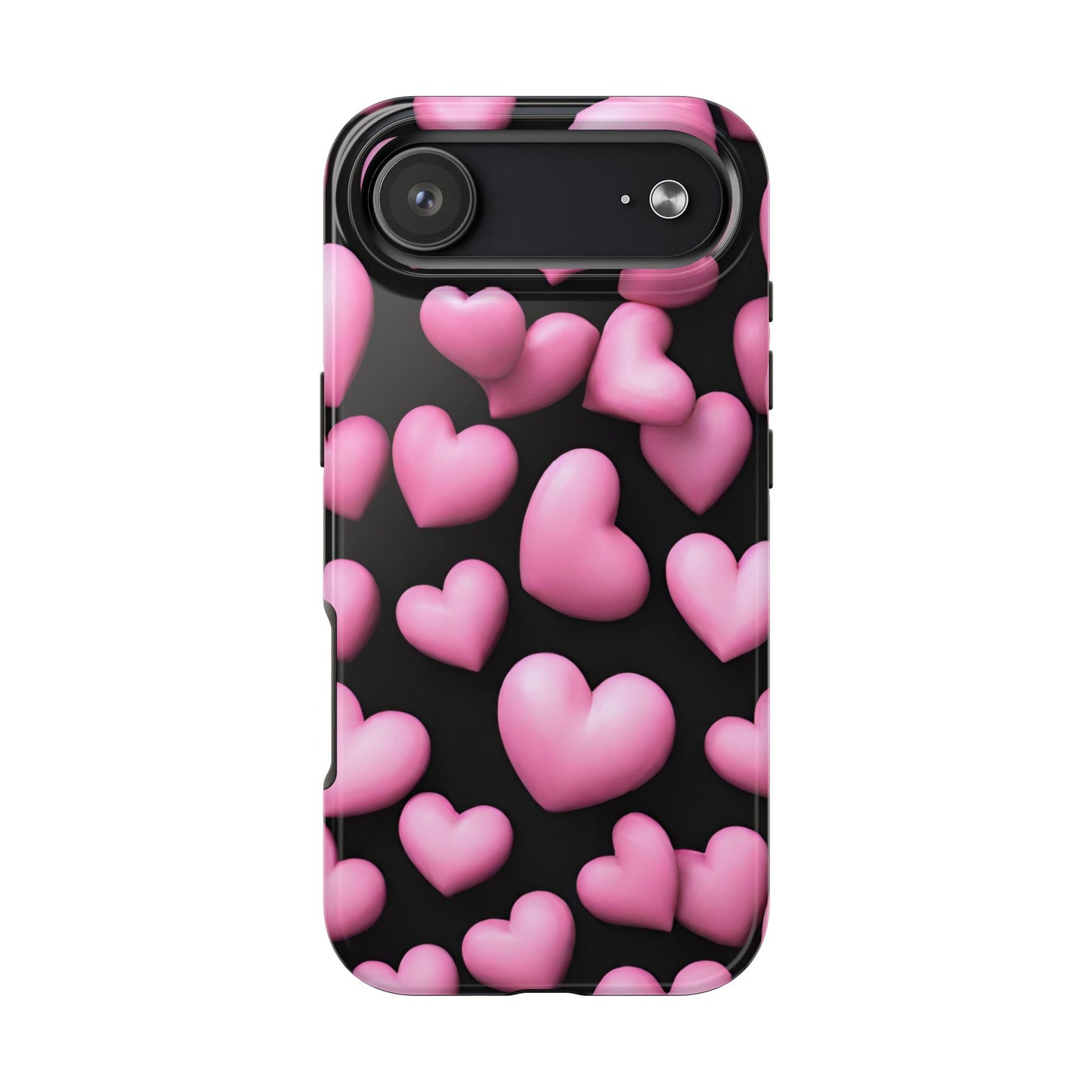Phone case with pink hearts on a black background