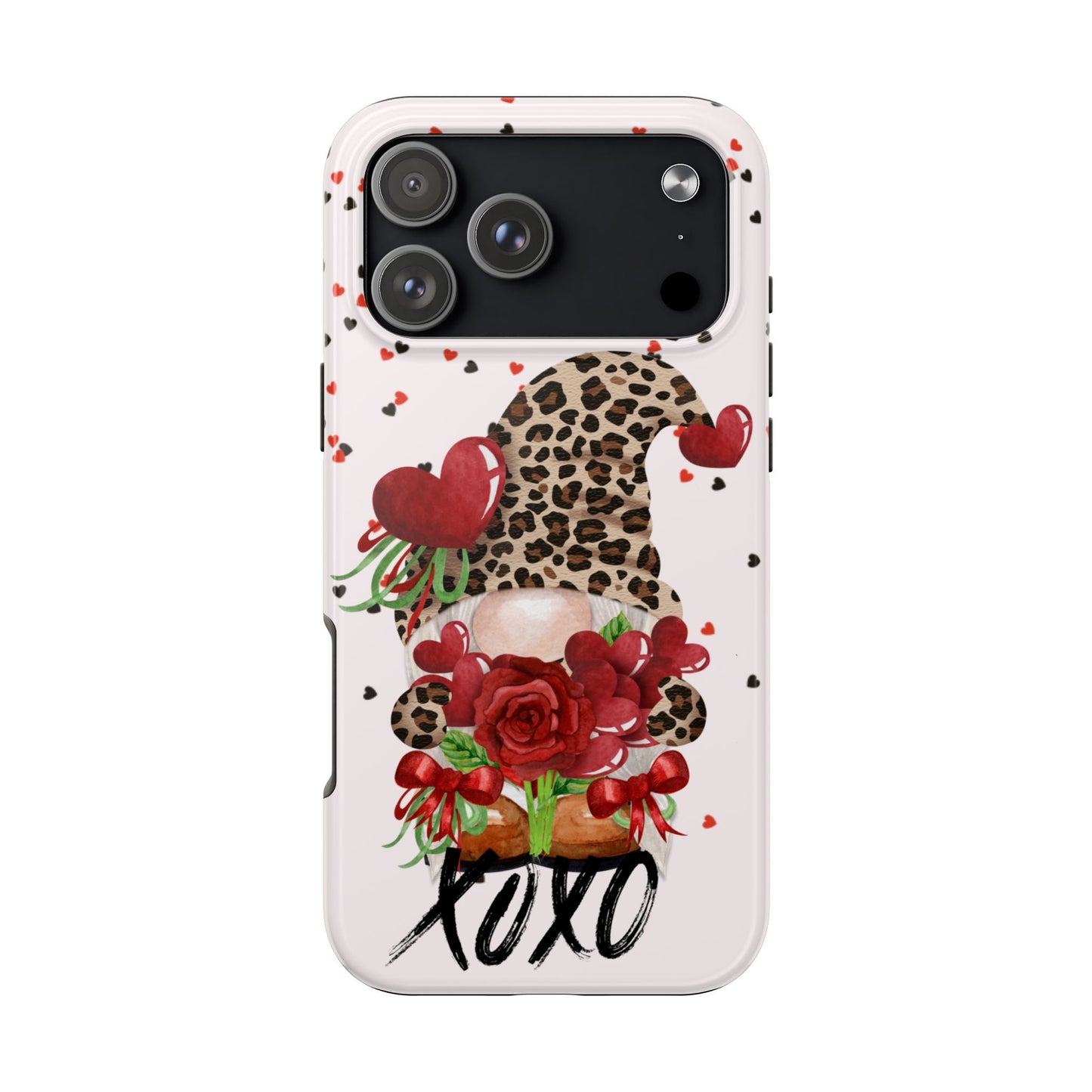 Phone case with a gnome, leopard print, and red roses design on a white background