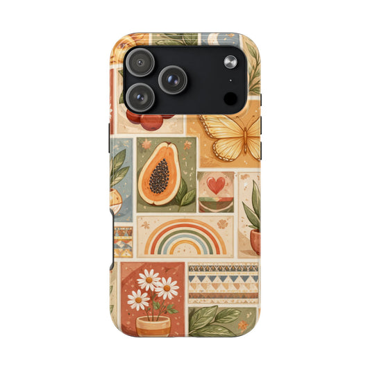 Phone case with a colorful pattern featuring fruits, flowers, and geometric shapes on a white background.