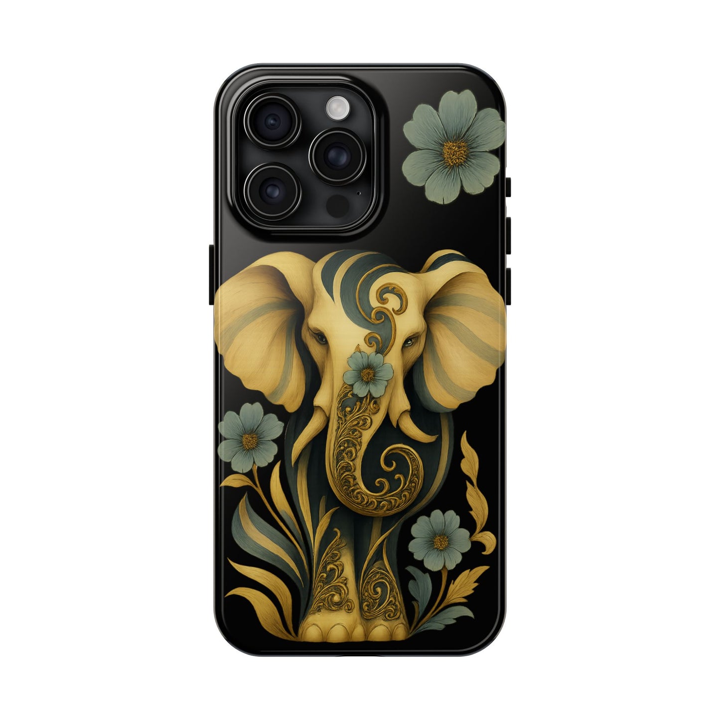 Phone case with a gold elephant and floral design on a black background