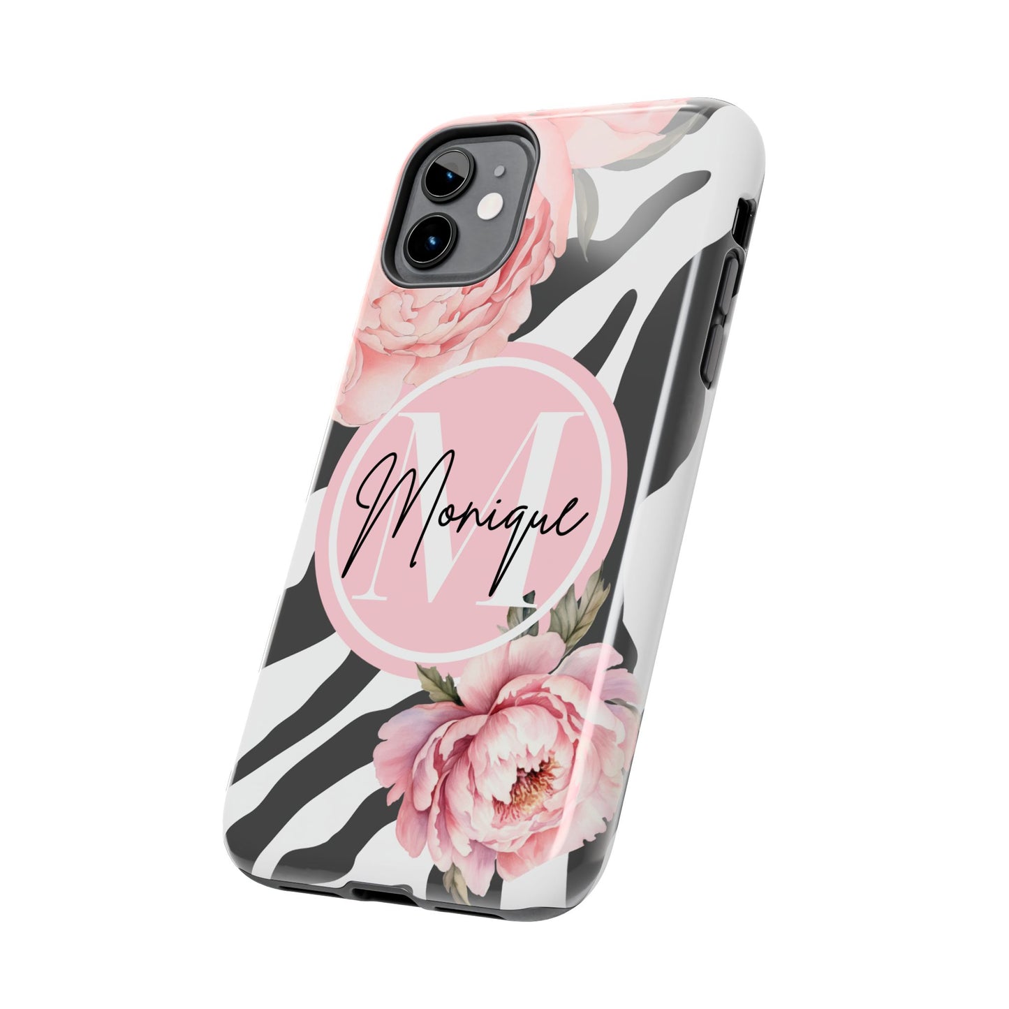 Custom pink floral, zebra print personalized iPhone case. Compatible with iPhone models 11, 12, 13, 14, 15 including all mini, plus, pro & pro max