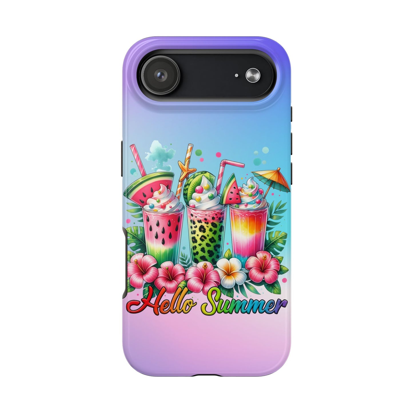 Phone case with summer-themed design featuring drinks and flowers on a white background