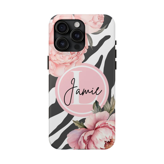 Custom pink floral, zebra print personalized iPhone case. Compatible with iPhone models 11, 12, 13, 14, 15 including all mini, plus, pro & pro max
