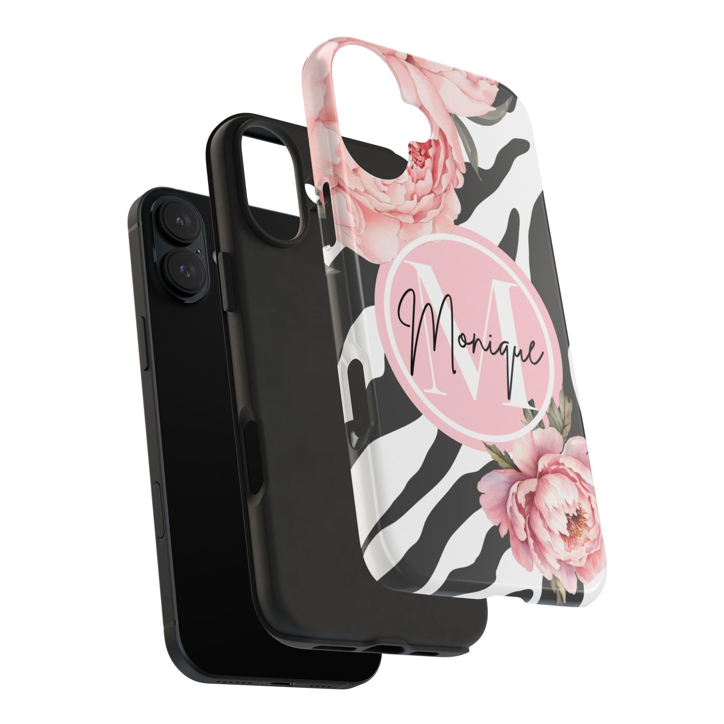 Custom pink floral, zebra print personalized iPhone case. Compatible with iPhone models 11, 12, 13, 14, 15 including all mini, plus, pro & pro max