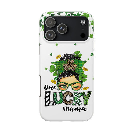 Phone case with a design of a woman wearing glasses and a green bow, text 'One Lucky Mama', and decorative elements on a white background.