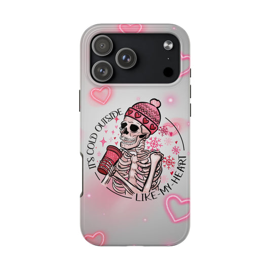 Phone case with skeleton wearing a pink hat and gloves, surrounded by hearts and text on a gray background.