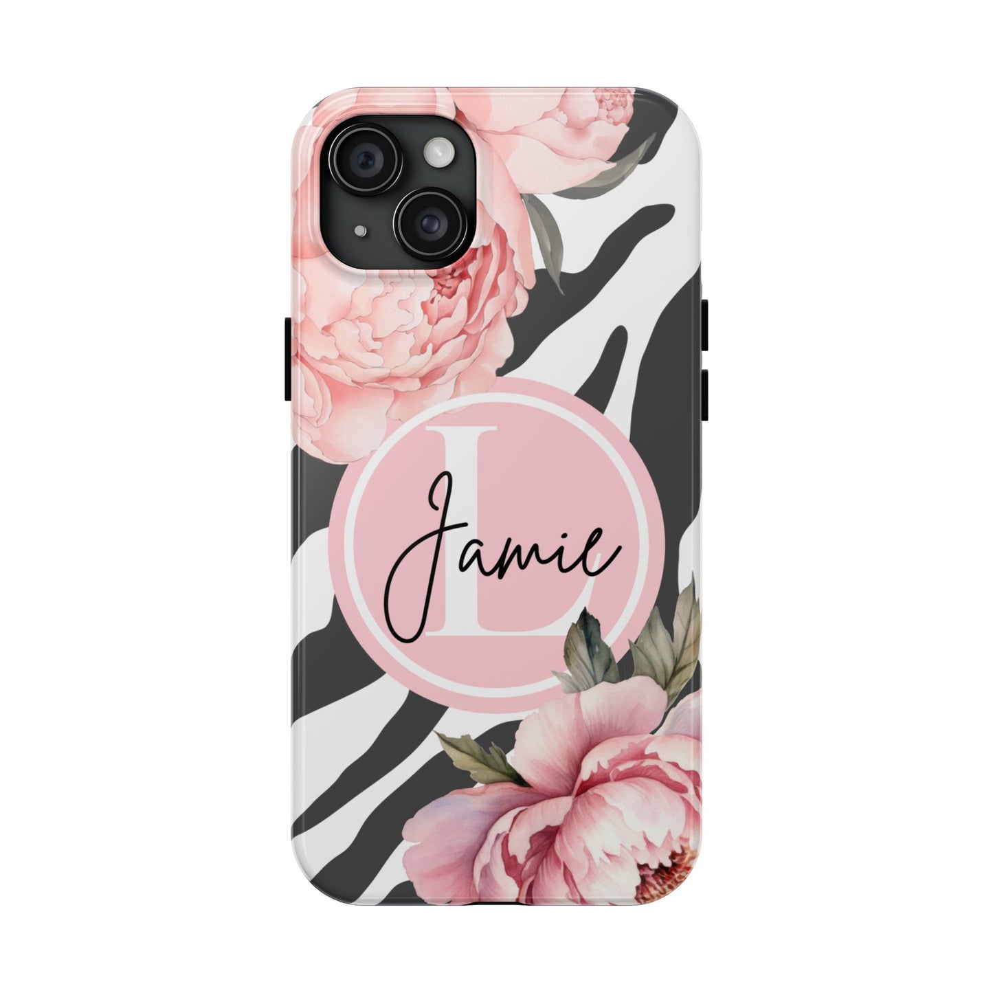 Custom pink floral, zebra print personalized iPhone case. Compatible with iPhone models 11, 12, 13, 14, 15 including all mini, plus, pro & pro max
