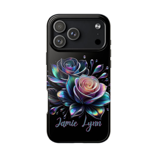 Phone case with colorful rose design and 'Jamie Lynn' text on a black background