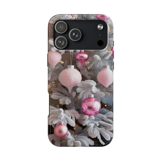Phone case with pink ornaments on a tree branch design