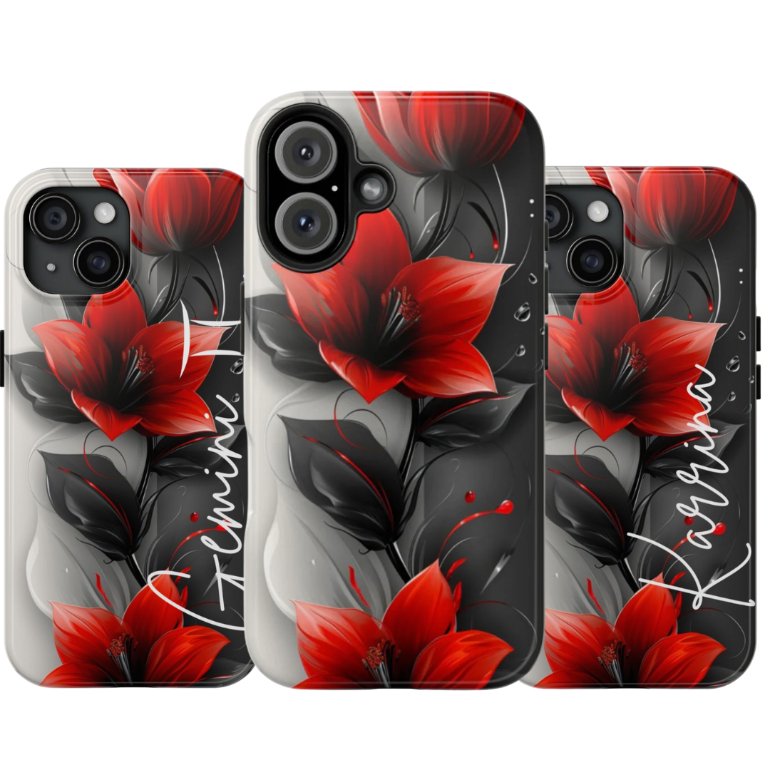 Custom Name Red Floral iPhone Case – Personalized Elegant Phone Cover